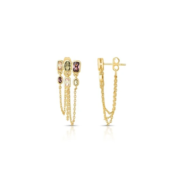 Brinco Ear Cuff Zircônias Coloridas Lapidação Inglesa com Correntes Banho de Ouro 18k