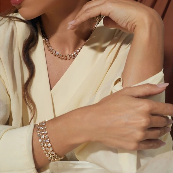 Pulseira Riviera Formas Zircônia Branca Banho de Ouro 18k