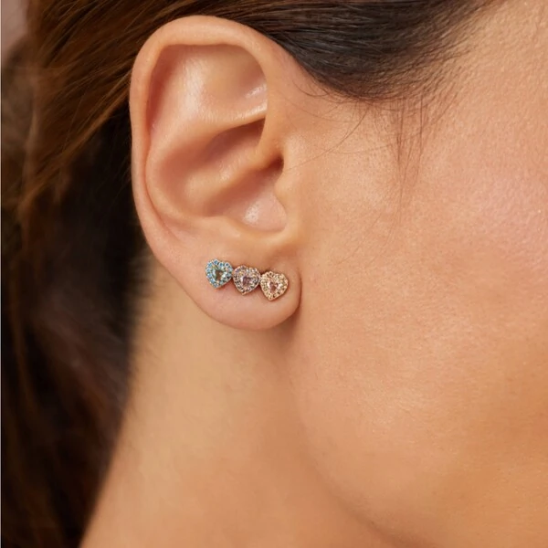 Brinco Ear Cuff Três Corações Topázio Azul, Ametista e Morganita Banho de Ouro 18 K