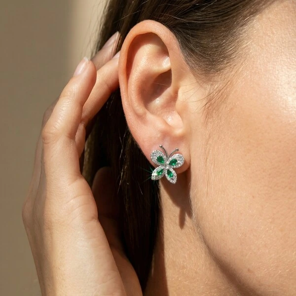Brinco Borboleta Zircônia Esmeralda Prata 925