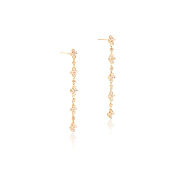 Brinco Longo Florzinhas com Zircônia Banho Ouro 18k