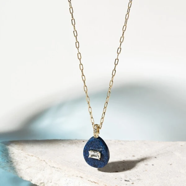 Colar Gota Lápis Lazuli Lab e Zircônia Banho de Ouro 18k
