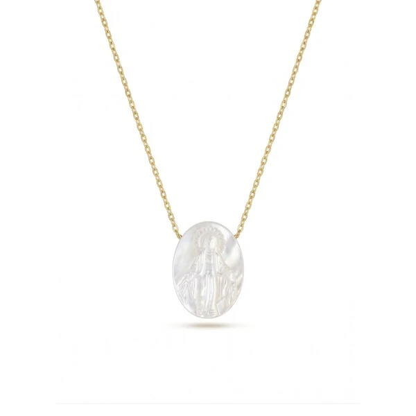 Colar Oval Madrepérola Nossa Senhora das Graças | Prata com Banho de Ouro 18k | Corrente Regulável 4