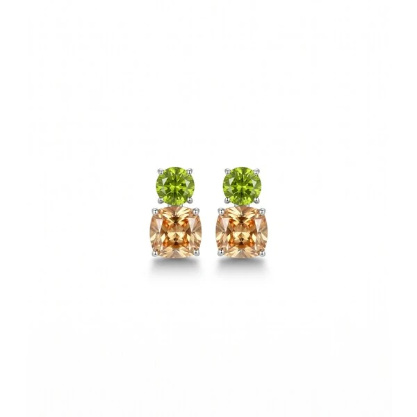 Brinco Duo Peridoto e Cappuccino | Prata 925 com Ródio Branco | 2x1cm