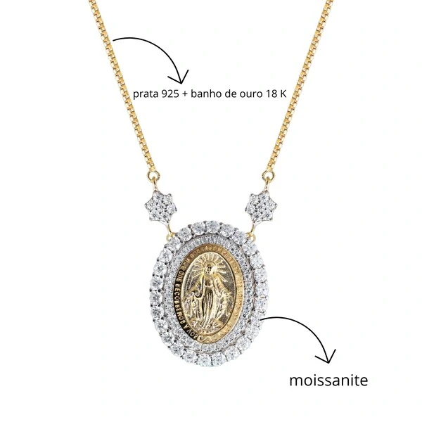 Colar Nossa Senhora das Graças M Moissanite Prata Banho de Ouro 18 K