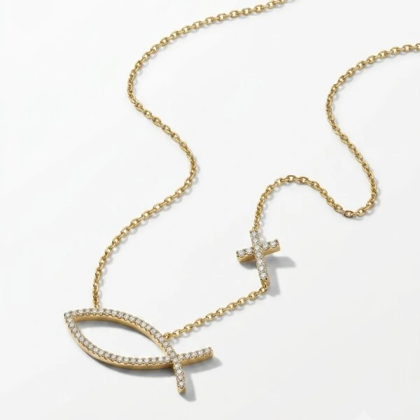 Colar Ichthys com Cruz e Zircônias Brancas | Liga Metálica Banho Ouro 18k | 50 cm