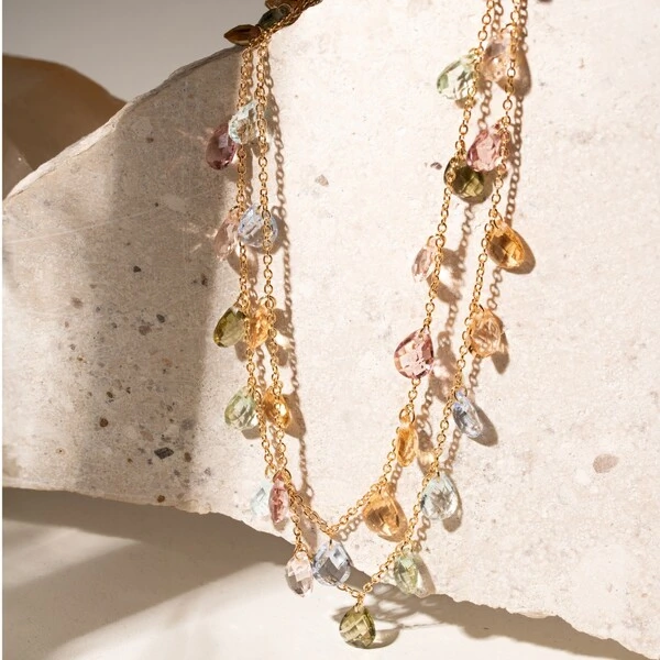 Colar Gotas Penduradas Longo Cristais Peridoto, Citrino e Rodolita Banho de Ouro 18k