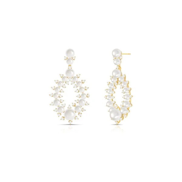 Brinco Pêndulo Gota Pérolas e Zircônias Banho de Ouro 18 K