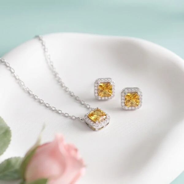 Colar Zircônia Aperol com Halo | Prata 925 com Ródio Branco | Pingente 7mm | Corrente 40–50cm