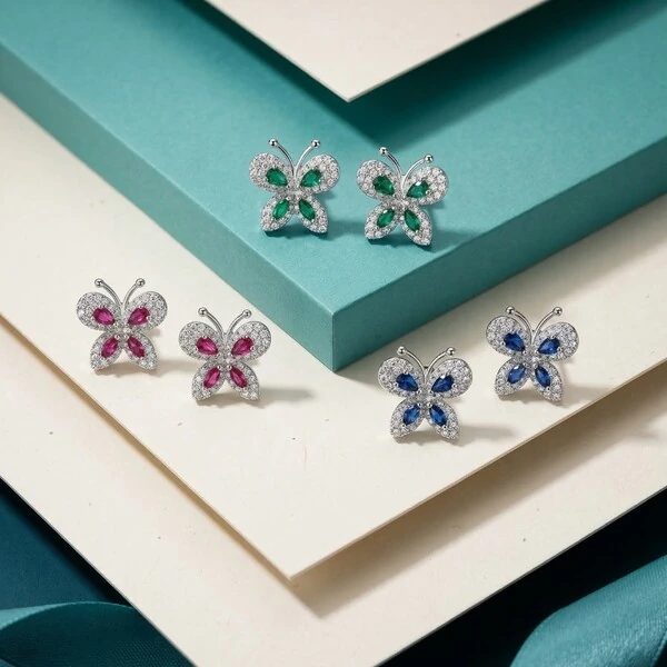 Brinco Borboleta Zircônia Rubi Prata 925