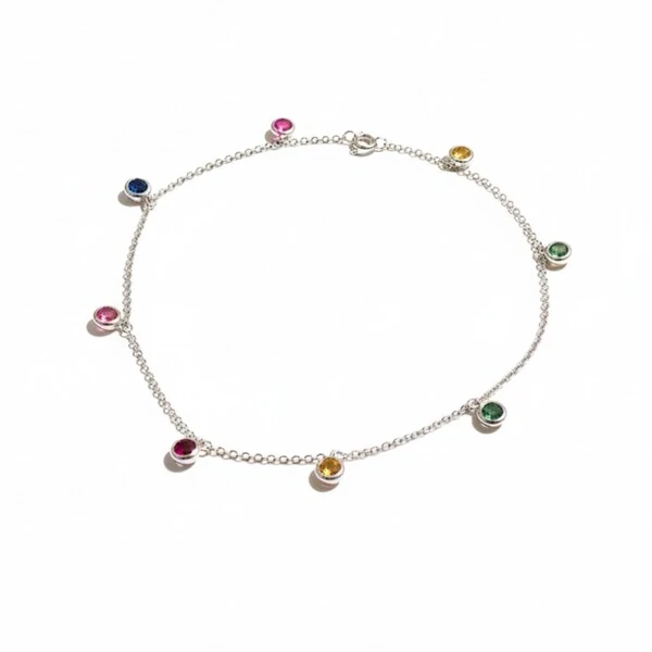 Tornozeleira Prata 925 com Zircônias Coloridas Prata 925