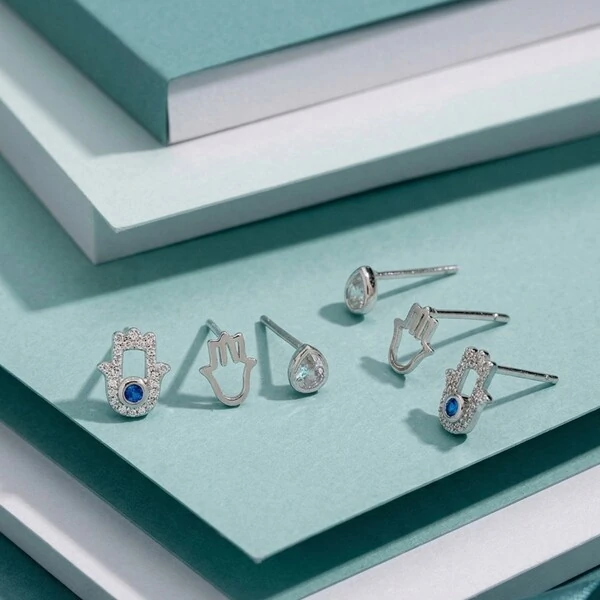 Trio de Brinco Mão Hamsa Prata 925