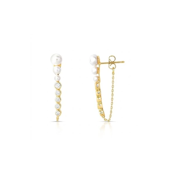 Brinco Ear Line Pérola Shell e Zircônia Banho de Ouro 18k