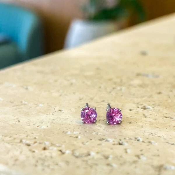 Brinco Solitário 4 MM Turmalina Pink Prata 925