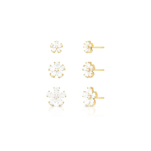Trio de Brincos Flor Banho de Ouro 18 K