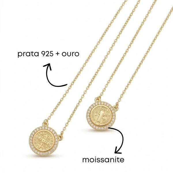 Colar Escapulário Medalha de São Bento Moissanite Prata com Banho de Ouro 18 K