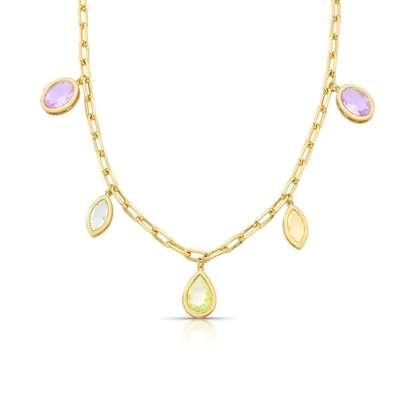 Colar Elos Ovais Coloridos Banho de Ouro 18 K