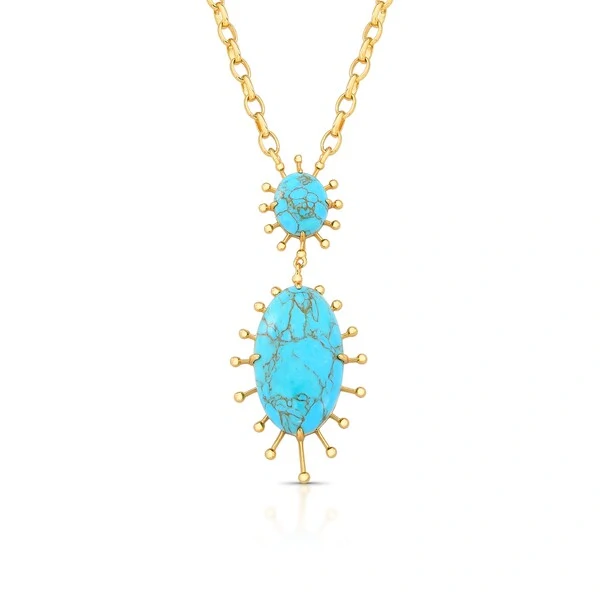 Colar Pêndulo Oval Turquesa Banho de Ouro 18 K