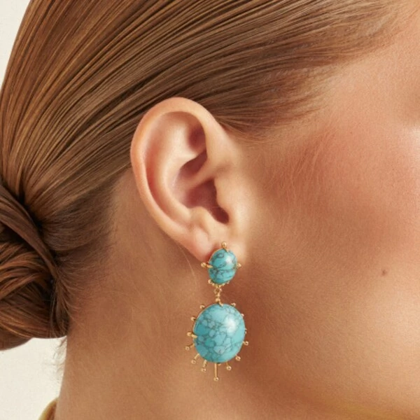 Brinco Pêndulo Redondo Turquesa Banho de Ouro 18 K