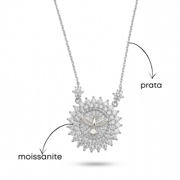 Colar Divino Espírito Santo Moissanite | Prata 925 com Ródio Branco | Certificado GRA | Pingente 2cm