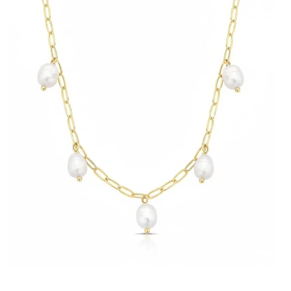 Colar Elos com Pérolas de Água Doce Banho de Ouro 18 K