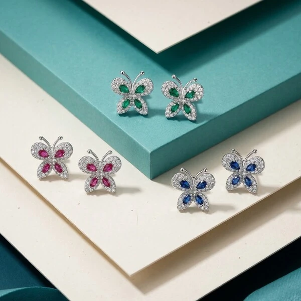 Brinco Borboleta Zircônia Esmeralda Prata 925