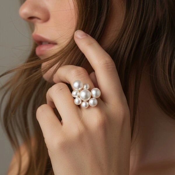 Anel Pérolas de Água Doce Banho de Ouro 18 K