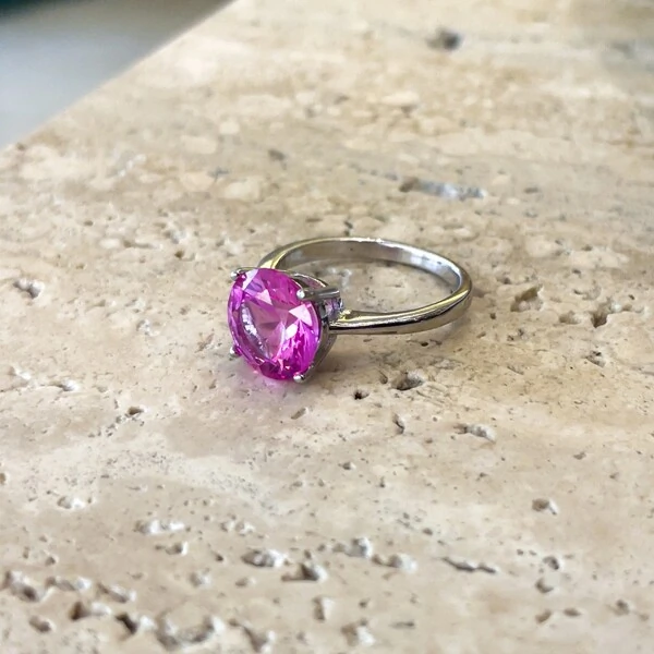 Anel Solitário 10 MM Turmalina Pink Prata 925