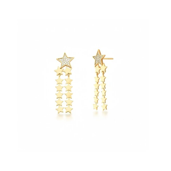 Brinco Pêndulo com Estrelas Cravejadas e Lisas Banho de Ouro 18 K