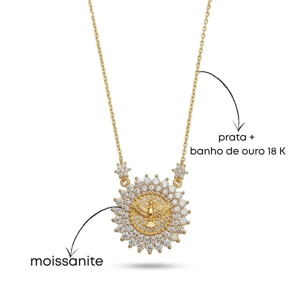 Colar Divino Espírito Santo Moissanite | Prata com Banho de Ouro 18k | Certificado GRA | Pingente 2c