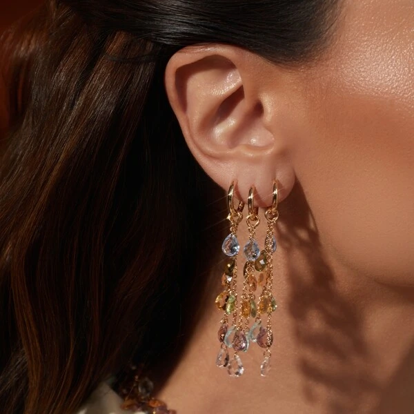 Brinco Ear Bling Gotas Penduradas Cristais Peridoto, Citrino e Rodolita Banho de Ouro 18k