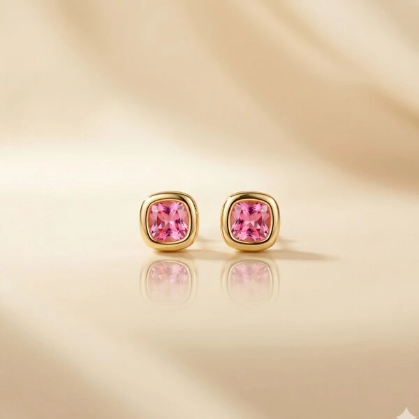 Brinco Quadrado Zircônia Rosa Claro | Banho de Ouro 18k | 7mm
