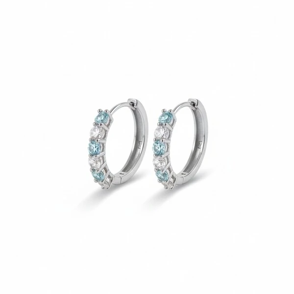 Argola Zircônias Intercaladas Água Marinha em Ródio Branco