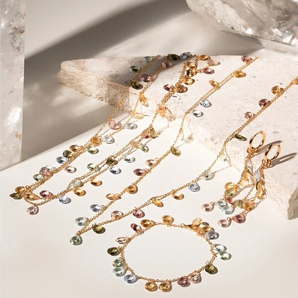 Pulseira Gotas Penduradas Cristais Peridoto, Citrino e Rodolita Banho de Ouro 18k