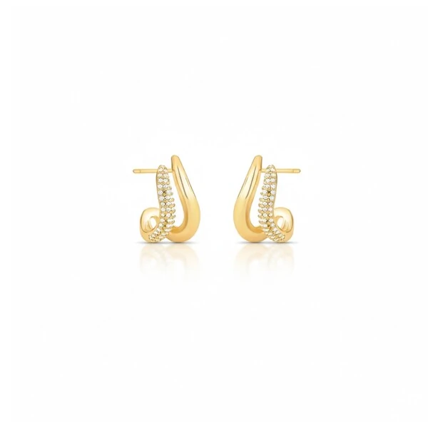 Brinco Curvo Zircônias e Liso Banho de Ouro 18 K