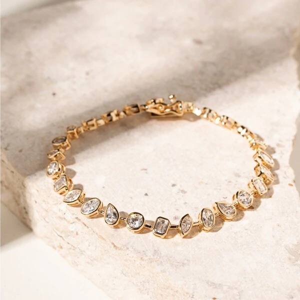 Pulseira Riviera Formas Zircônia Branca Banho de Ouro 18k