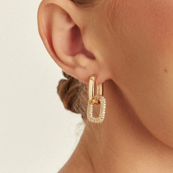 Argola 2 em 1 Retangular Cravejado Banho de Ouro 18 K