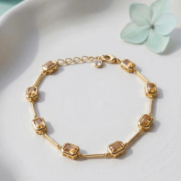 Pulseira Pedras Retangulares Intercaladas Laranja | Banho de Ouro 18k | 5x3mm | Regulável 18–20cm (c