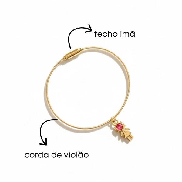 Pulseira Corda de Violão Menina Rosa Banho de Ouro 18 K
