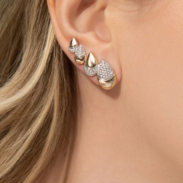 Brinco Ear Cuff Gotas Cravejadas e Lisas Mix Banho de Ouro 18 K