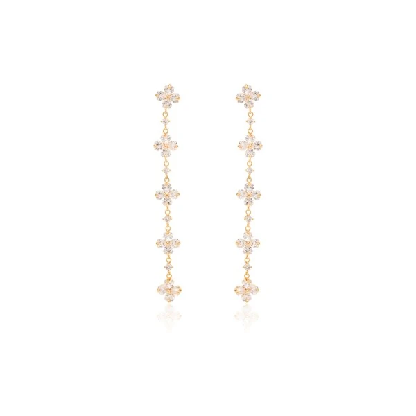 Brinco Longo Florzinhas com Zircônia Banho Ouro 18k