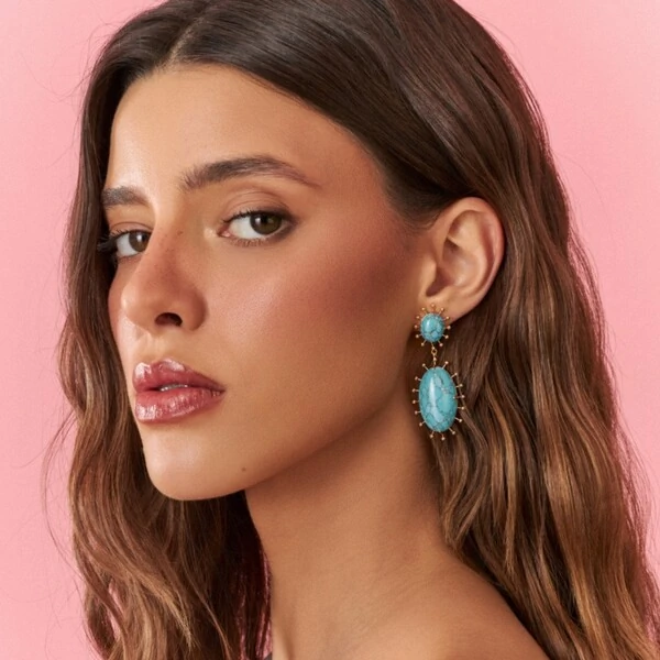 Brinco Pêndulo Oval Turquesa Banho de Ouro 18 K