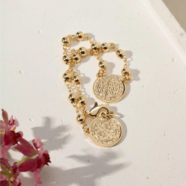 Pulseira Lisa Medalha Dupla de São Bento 18cm Banho de Ouro 18k
