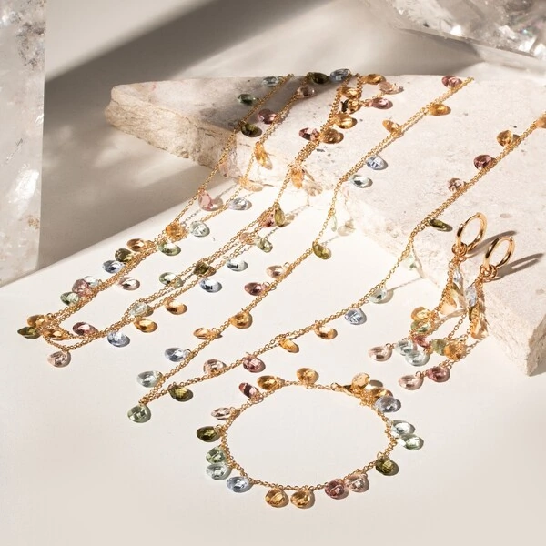 Brinco Ear Bling Gotas Penduradas Cristais Peridoto, Citrino e Rodolita Banho de Ouro 18k