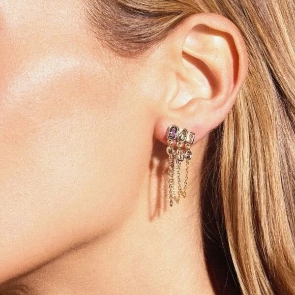 Brinco Ear Cuff Zircônias Coloridas Lapidação Inglesa com Correntes Banho de Ouro 18k