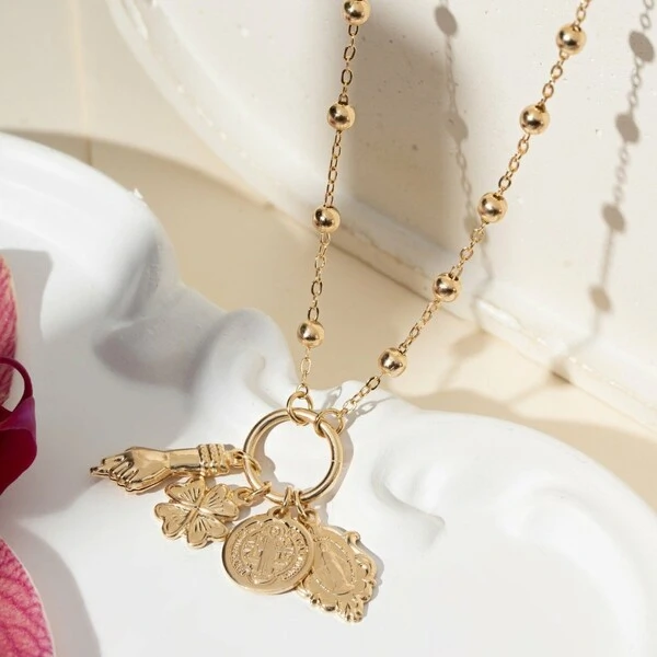 Colar Patuá Liso Nossa Senhora das Graças, Trevo, São Bento e Figa 60cm Banho de Ouro 18k