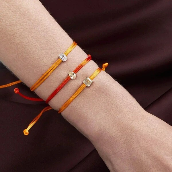 Pulseira Regulável com Fio Encerado Laranja Oval Incolor Prata 925