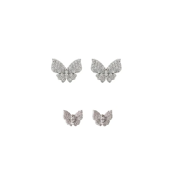 Dupla Brincos Borboletas Cravejadas Ródio Branco