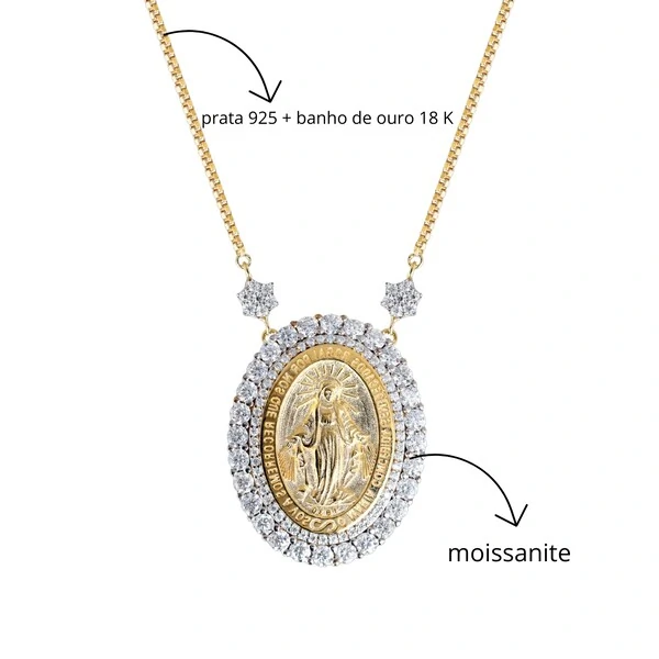 Colar Nossa Senhora das Graças G Moissanite Prata Banho de Ouro 18 K
