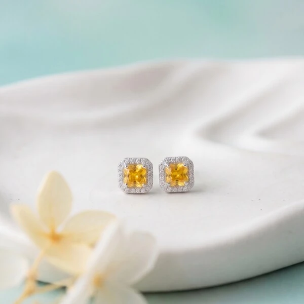 Brinco Quadrado Zircônia Aperol com Halo | Prata 925 com Ródio Branco | 7mm